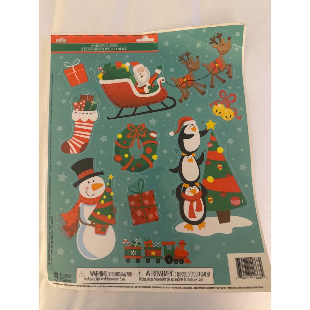 Christmas House 9 Count Reusable Window Clings Santa Snowman Penguins Reindeer